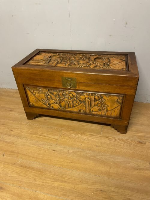 EARLY C20TH CARVED ORIENTAL CAMPHOR WOOD CHEST