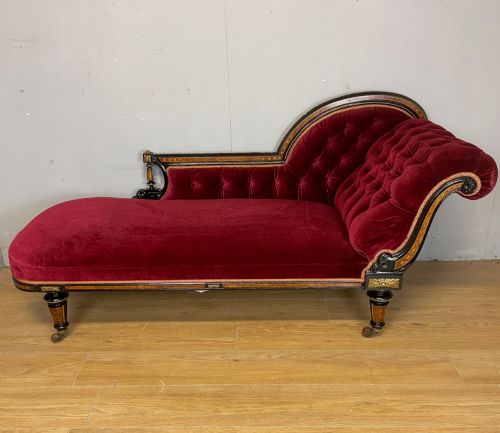 C19th Ebonized Chaise Longue with Inlaid Walnut Panels and Ormolu Decoration