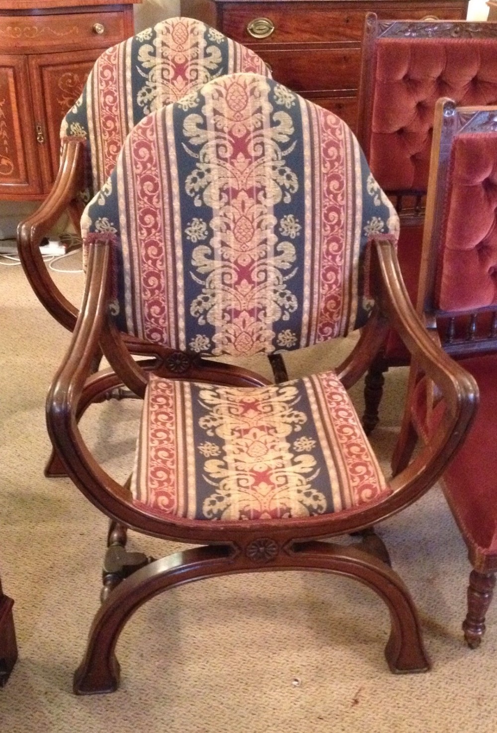 Antique pair of Victorian x frame armchairs circa 1880
