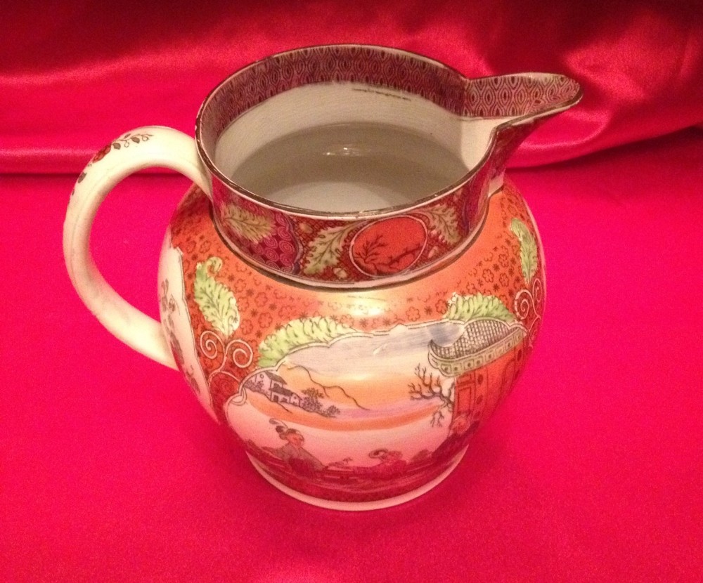 Antique English pearlware pottery jug in famille rose palette 18th century