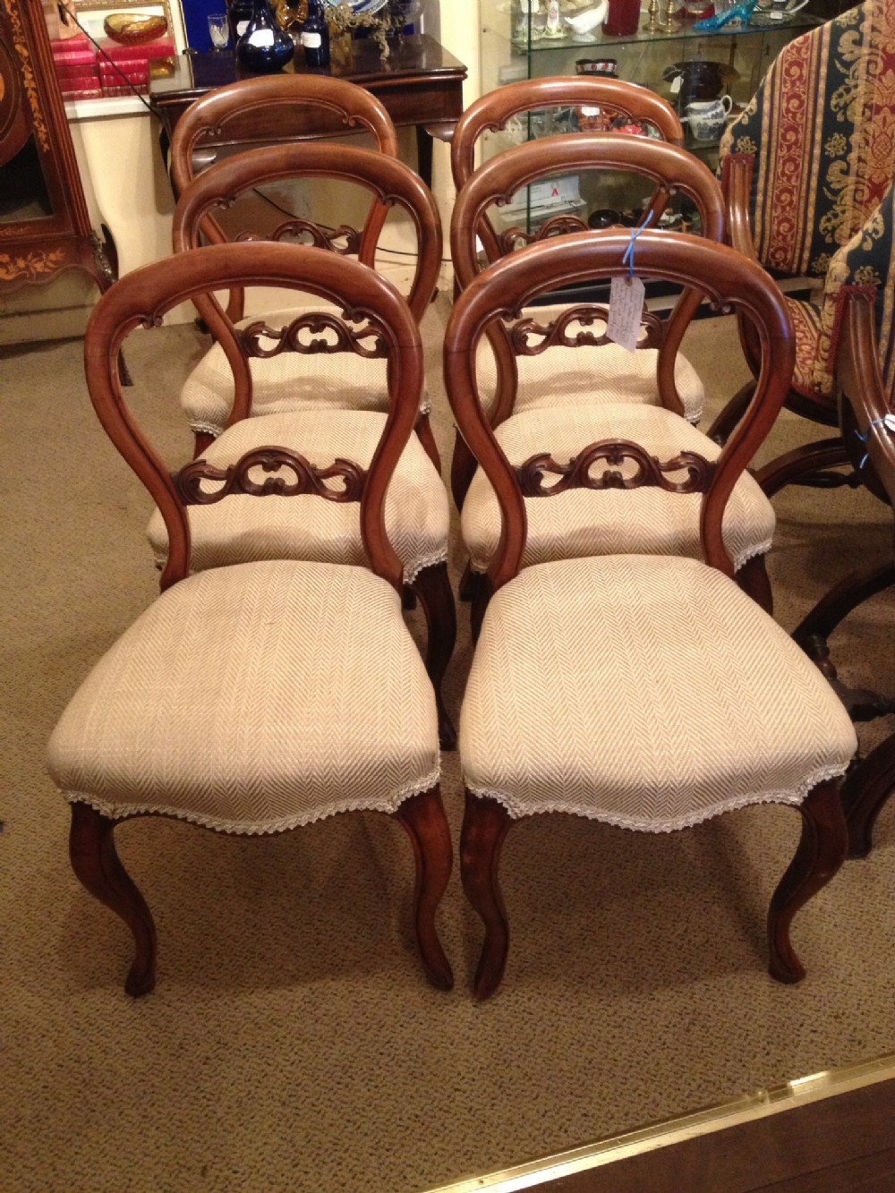 Antique set of six walnut balloon back dining chairs circa 1870