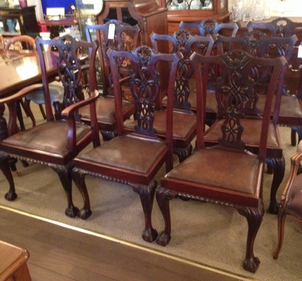 Antique set of eight Chippendale style mahogany dining chairs circa 1900