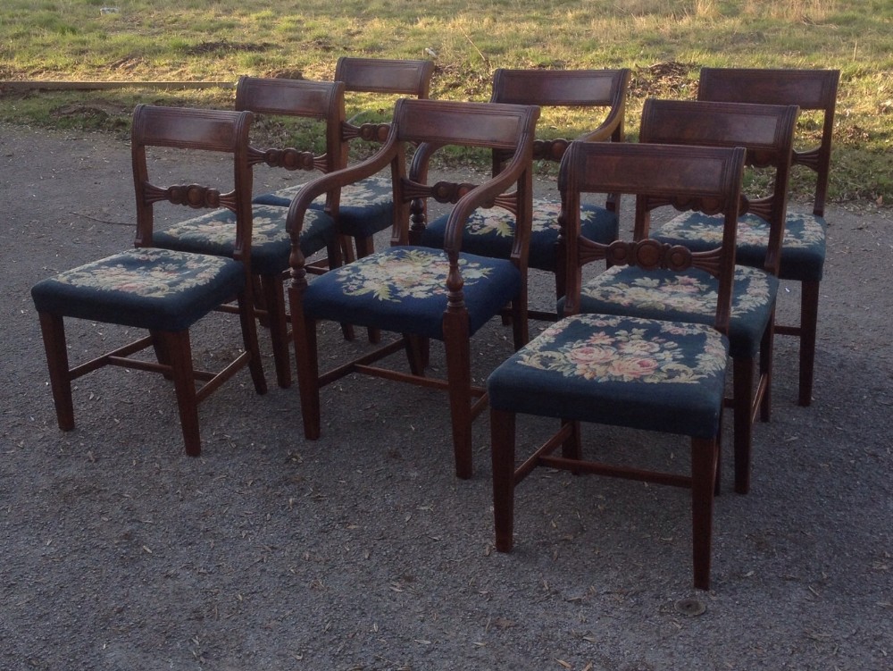 Antique set of eight mahogany Regency dining chairs with tapestry seats circa 1835