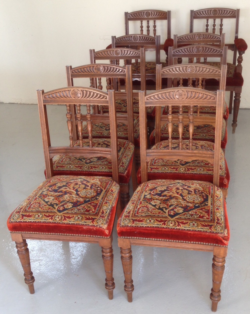 Victorian set of 10 oak dining  chairs in original fabric circa 1895