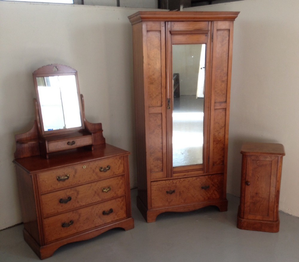 Victorian pitch pine three piece bedroom suite of compact size by Jenner of Edinburgh