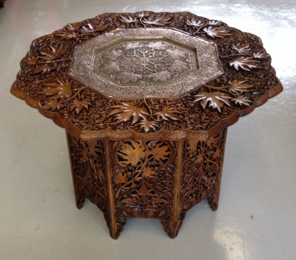Antique Anglo Indian carved octagonal table with copper inset