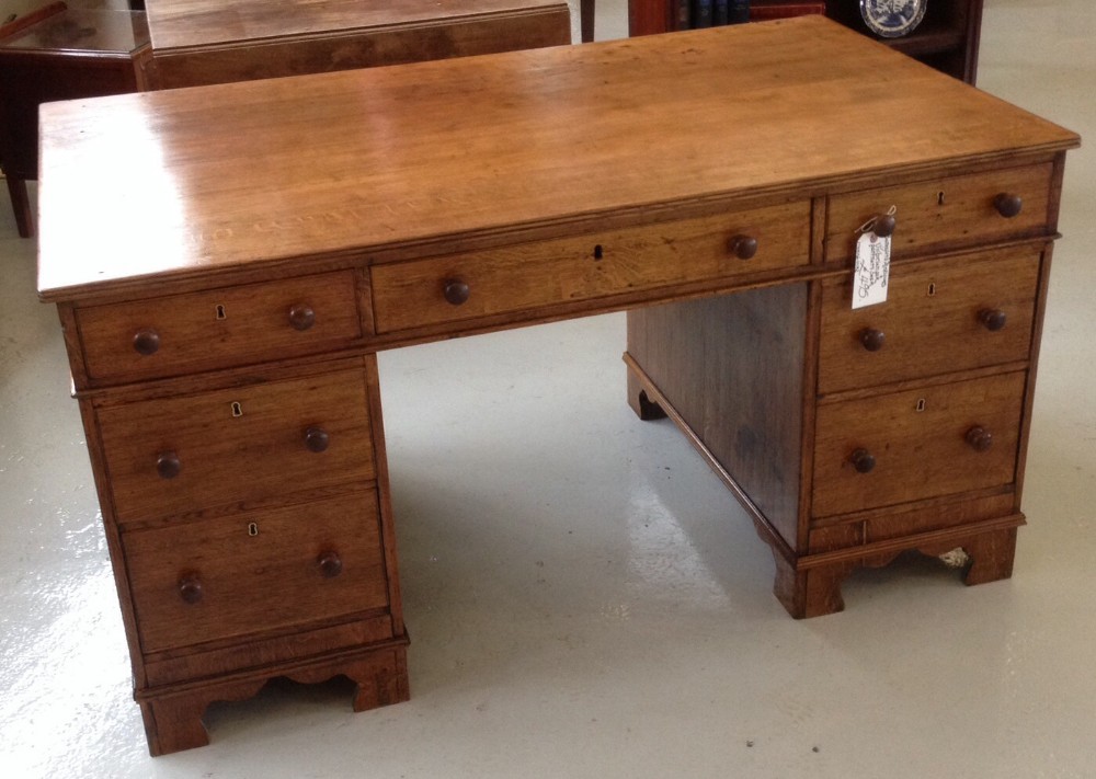 Antique Victorian golden oak twin pedestal partners desk circa 1890