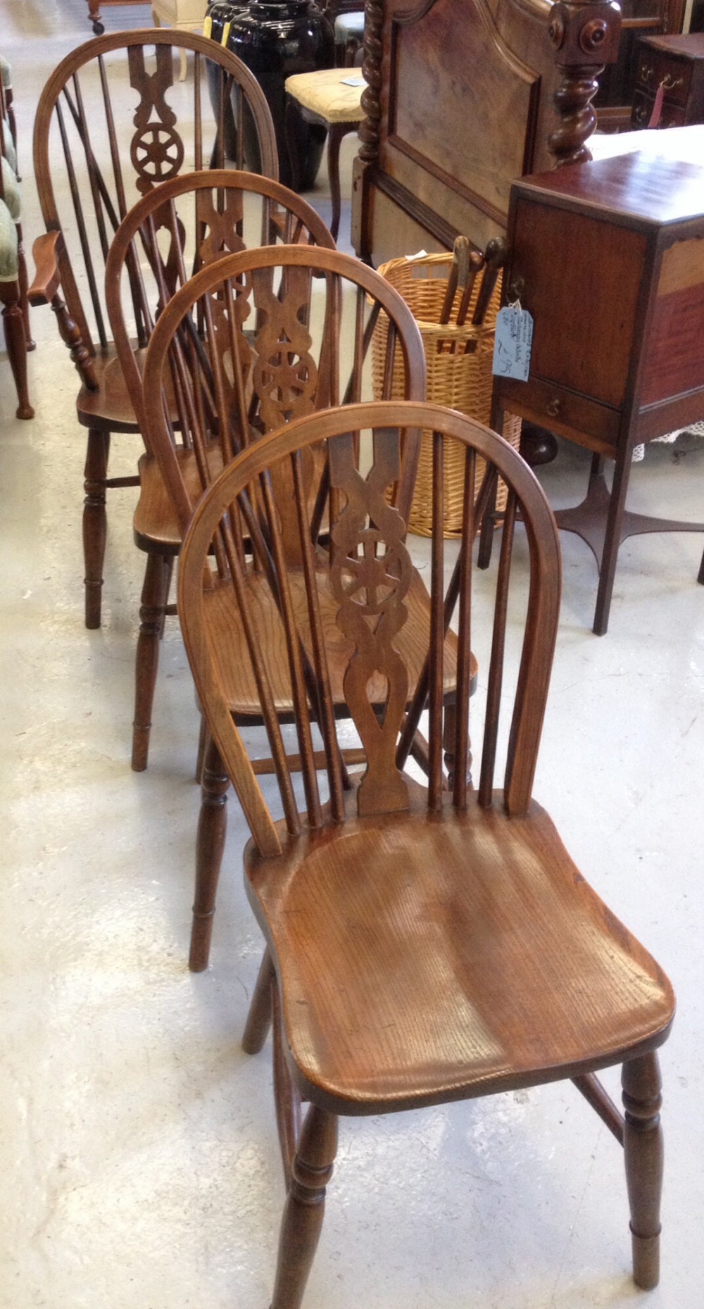 Set of 4 elm seated kitchen Windsor chairs including one carver chair