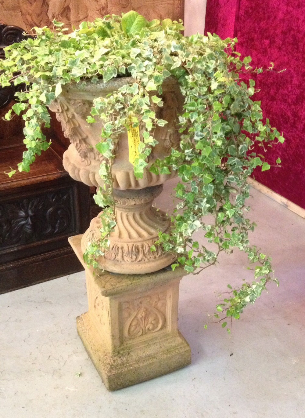 Garden urn on pedestal weathered circa 1920 
