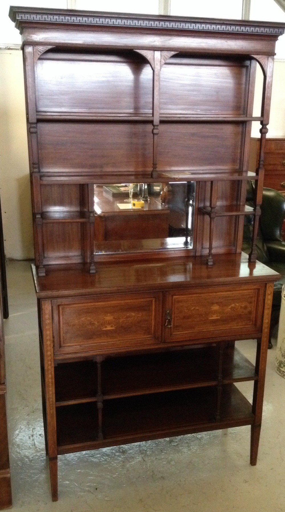 Edwardian mahogany inlaid open sideboard with cupboard and mirror back 