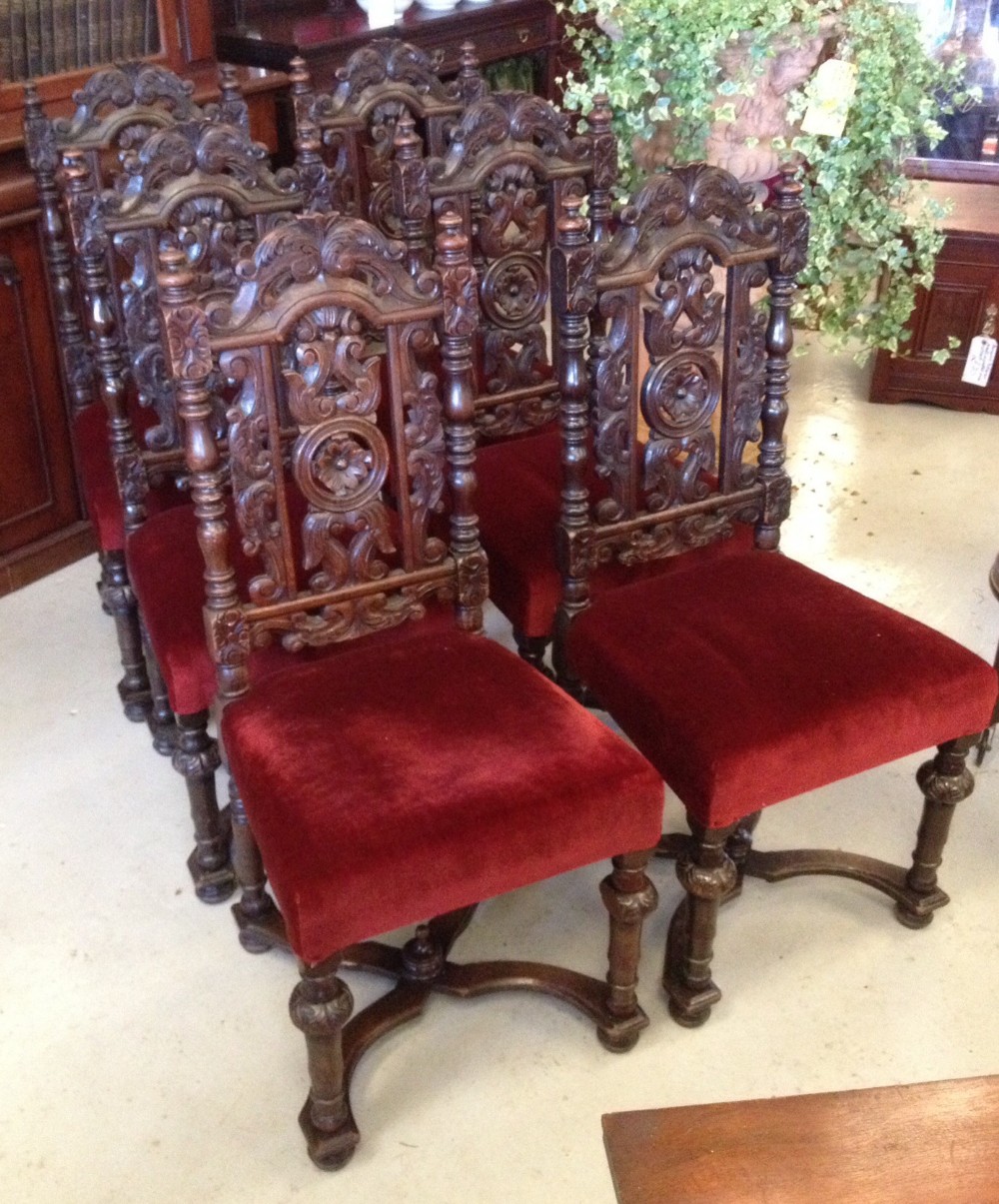 Antique solid oak Jacobean style dining chairs circa 1880