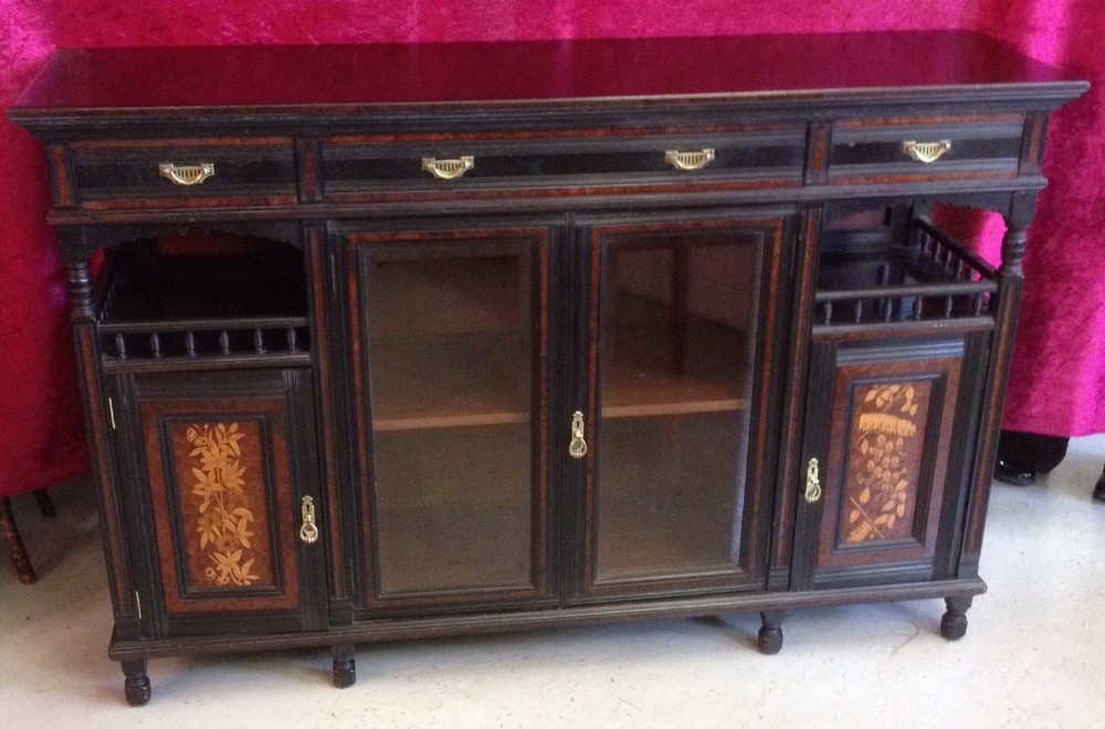 Arts and crafts ebonised and Inlaid side cabinet
