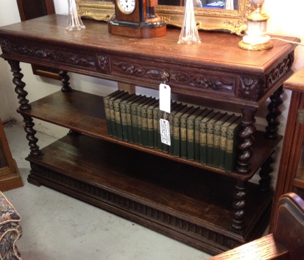 Victorian carved oak three tier buffet with two drawers and barley twist columns 