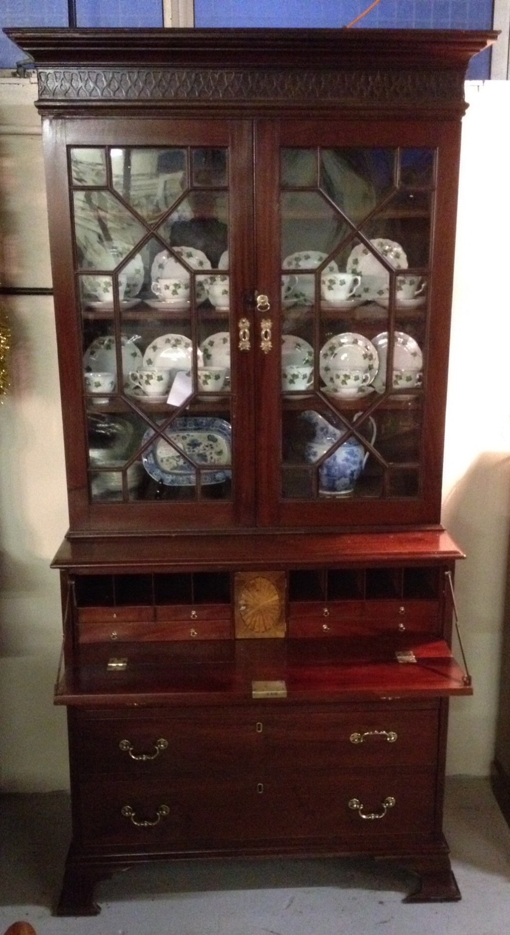 Georgian mahogany secretaire with astragal glazed bookcase top circa 1790 small proportions 