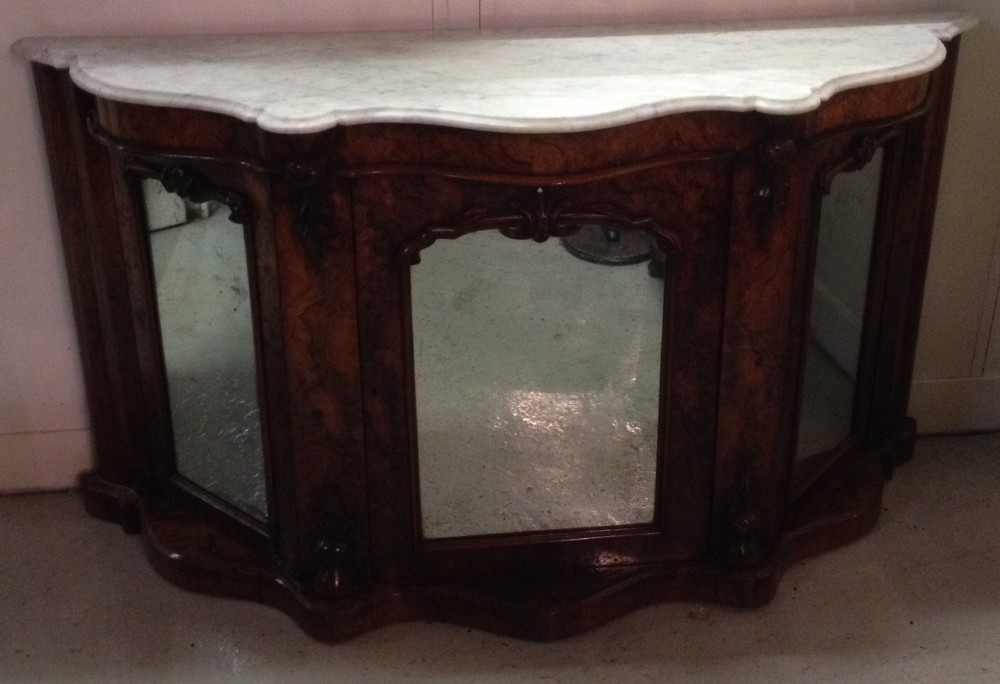 Burr wanut credenza with white Carrera marble top and mirrored doors 
