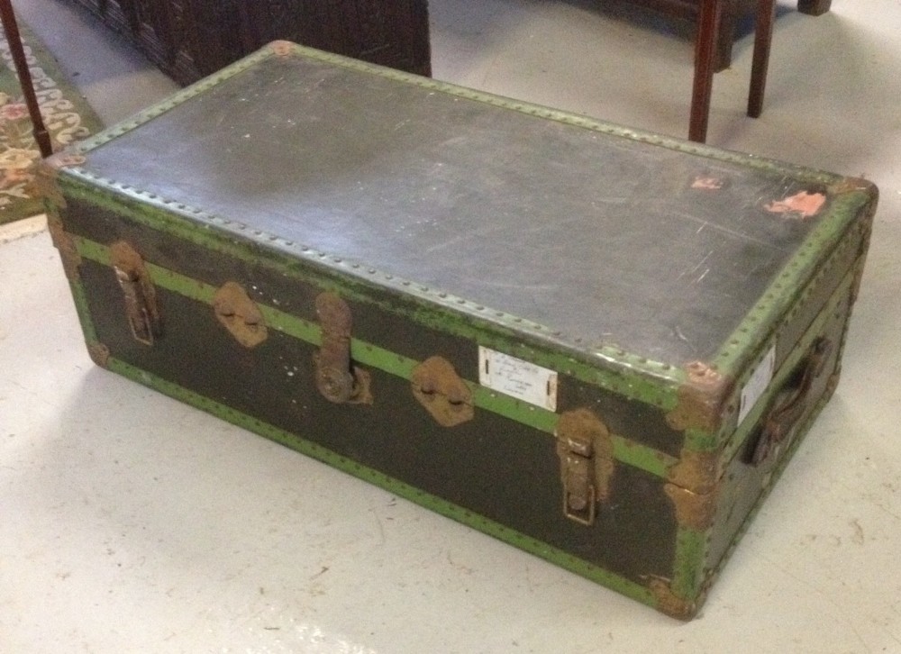Wood and metal framed trunk -ideal coffee table circa 1920