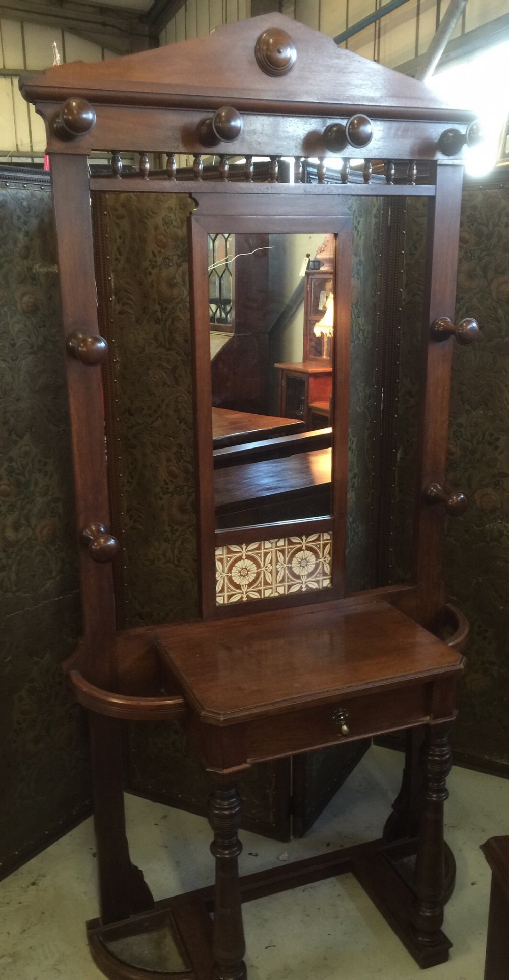 Victorian walnut hall stand with tiled back and original trays circa 1880