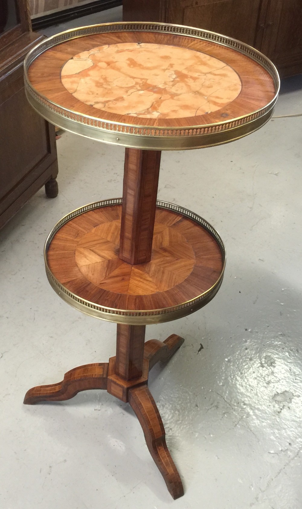 Kingwood and marble two tier occasional table