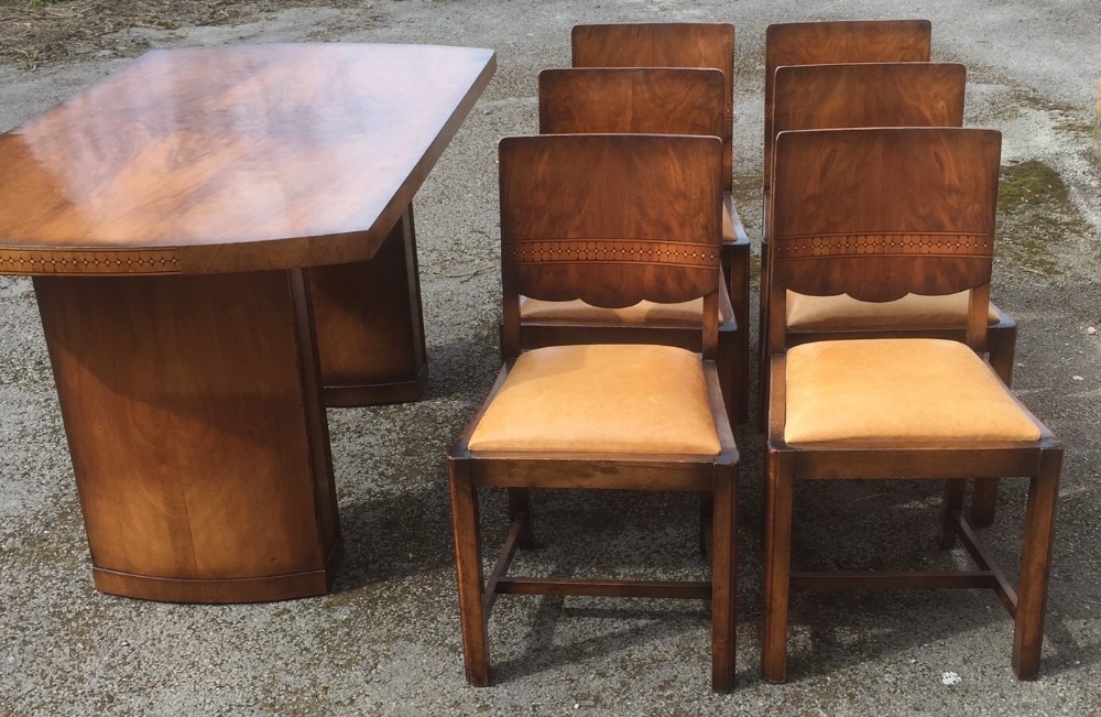 Art Deco walnut dining table with six chairs