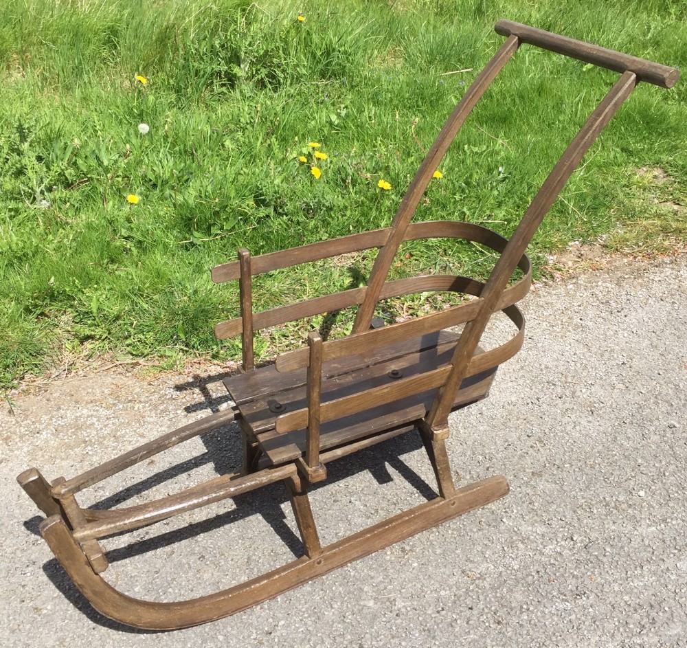 Edwardian wooden sled with bentwood seat  circa 1910