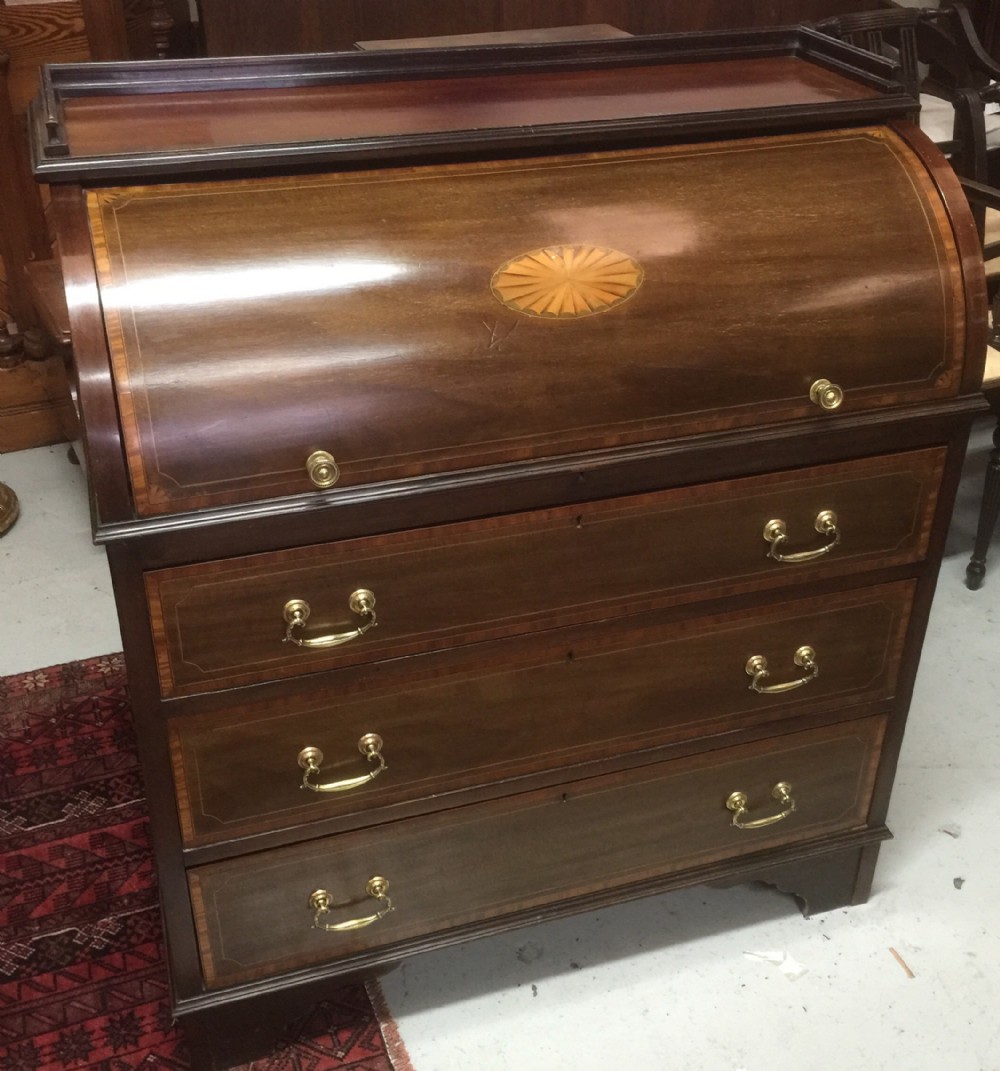 Sheraton revival inlaid mahogany cylinder desk
