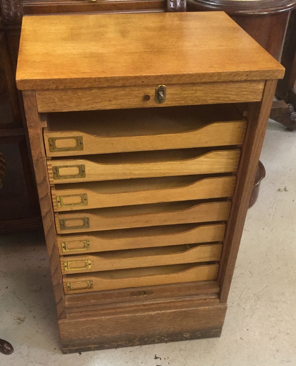 Oak tambour fronted filing chest circa 1920 