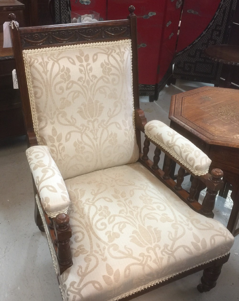 Victorian carved oak library chair turned legs Professionally reupholstered