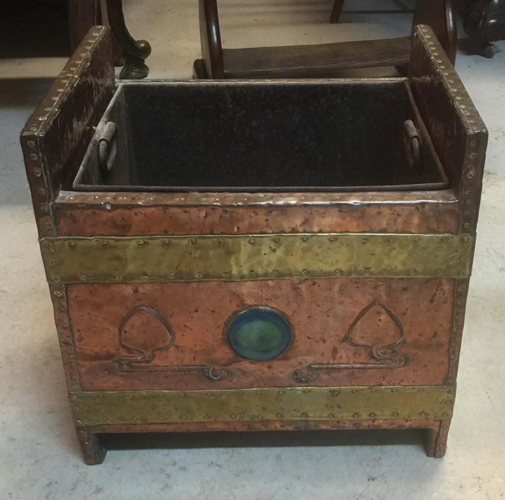 Arts and crafts brass and copper Ruskin style  log bin 