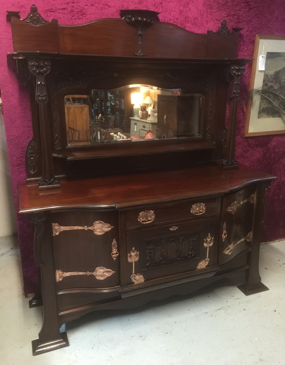 Antique mahogany Art Nouveau sideboard fabulous copper fittings