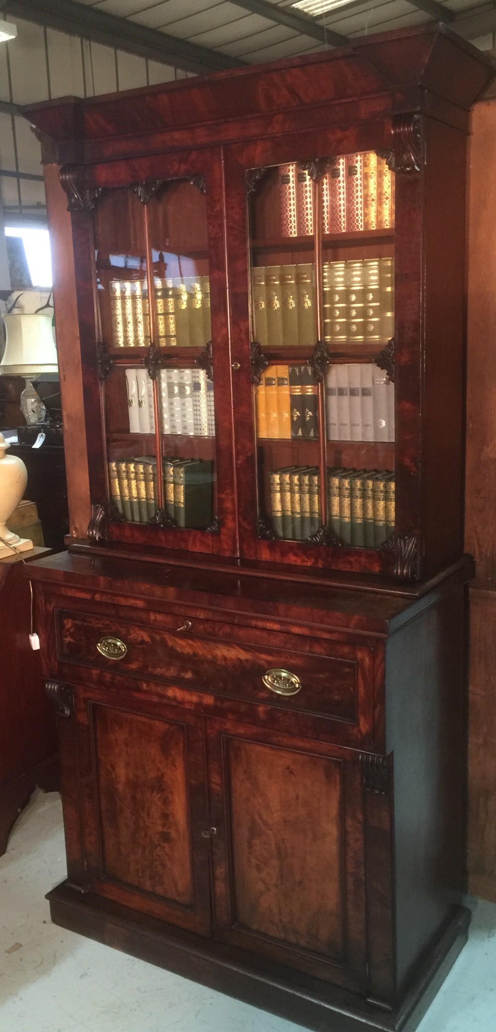 Antique William IV flame mahogany secretaire bookcase 