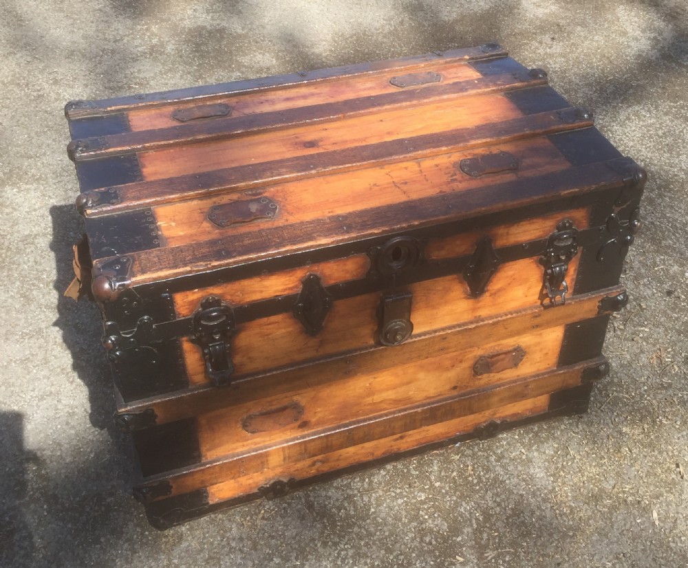 Victorian metal bound pine trunk 