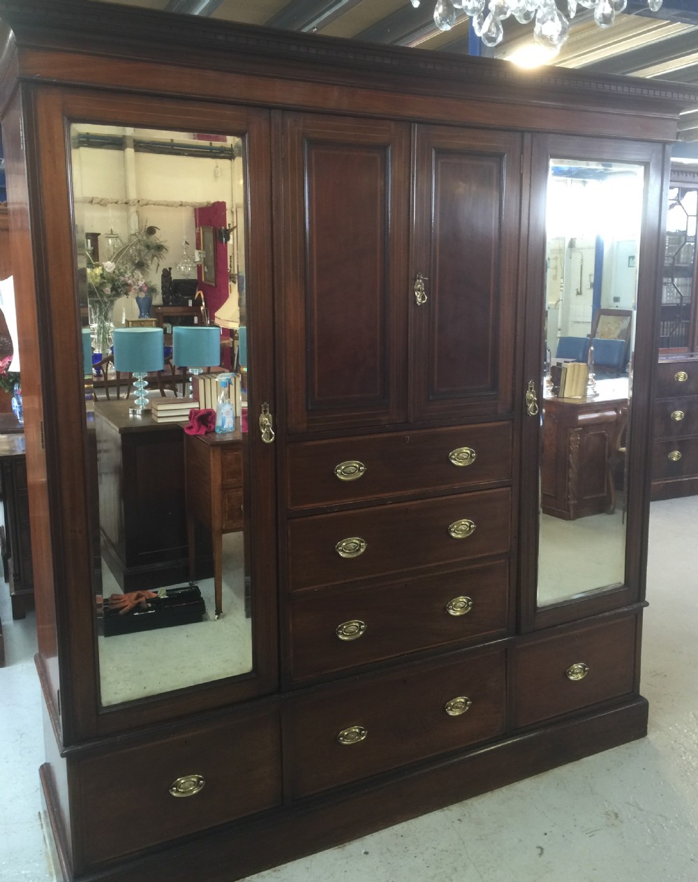 Victorian inlaid mahogany Sheraton Revival triple wardrobe by Warings