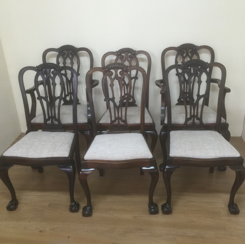 Edwardian Chippendale mahogany set of six carved dining chairs 