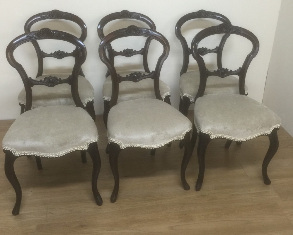 Six Victorian simulated rosewood balloon back chairs. 