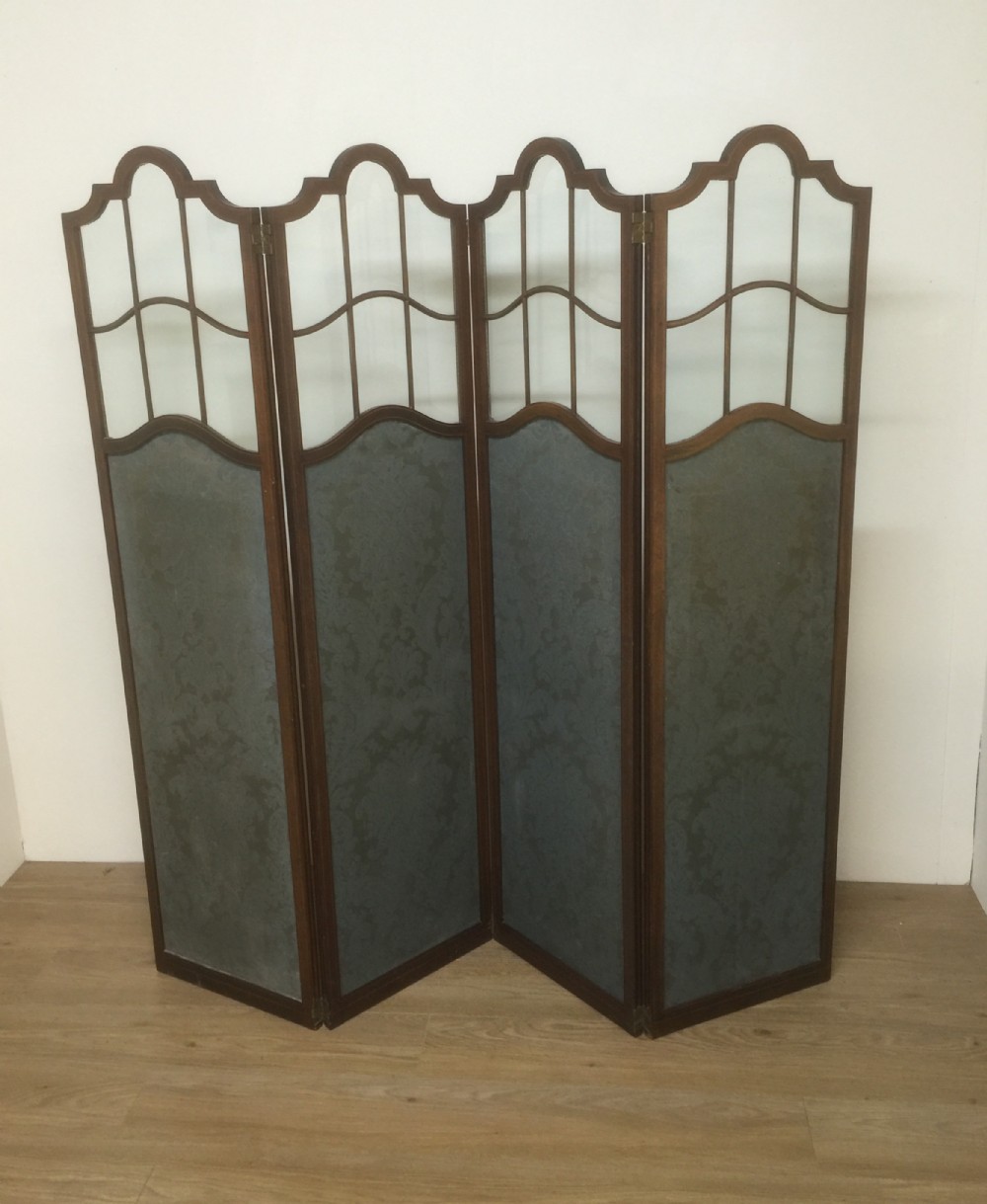 Antique mahogany edwardian inlaid four panel screen 