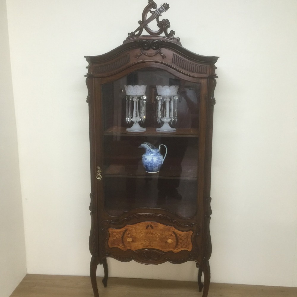 Nineteenth century carved mahogany display cabinet with marquetry panels