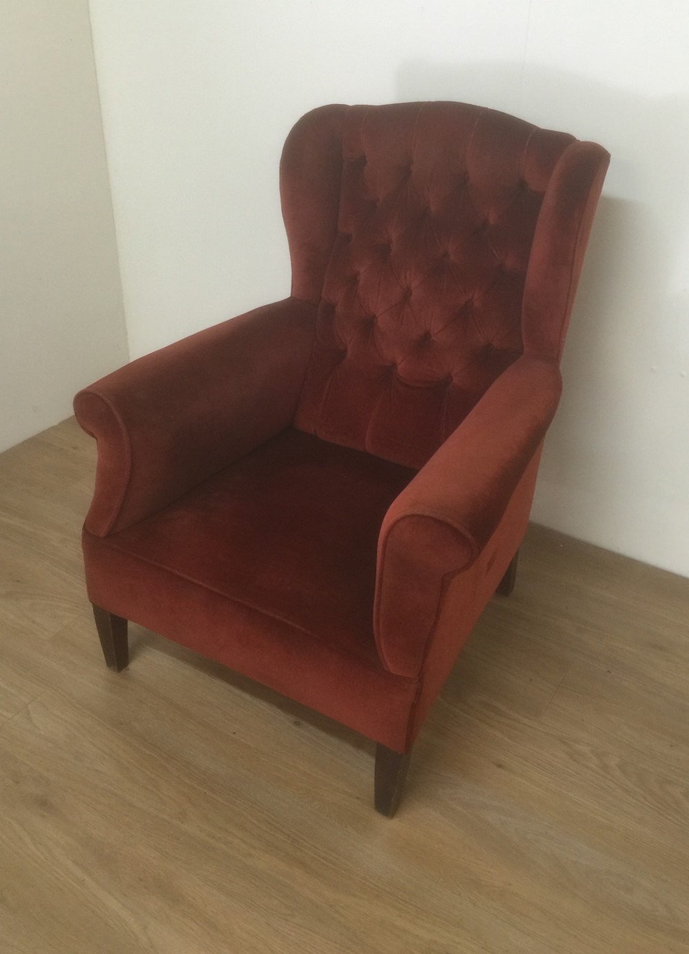 Edwardian winged armchair in terracotta velvet circa 1910