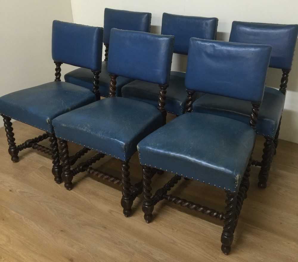 Six victorian oak and leather Jacobean style chairs circa 1890