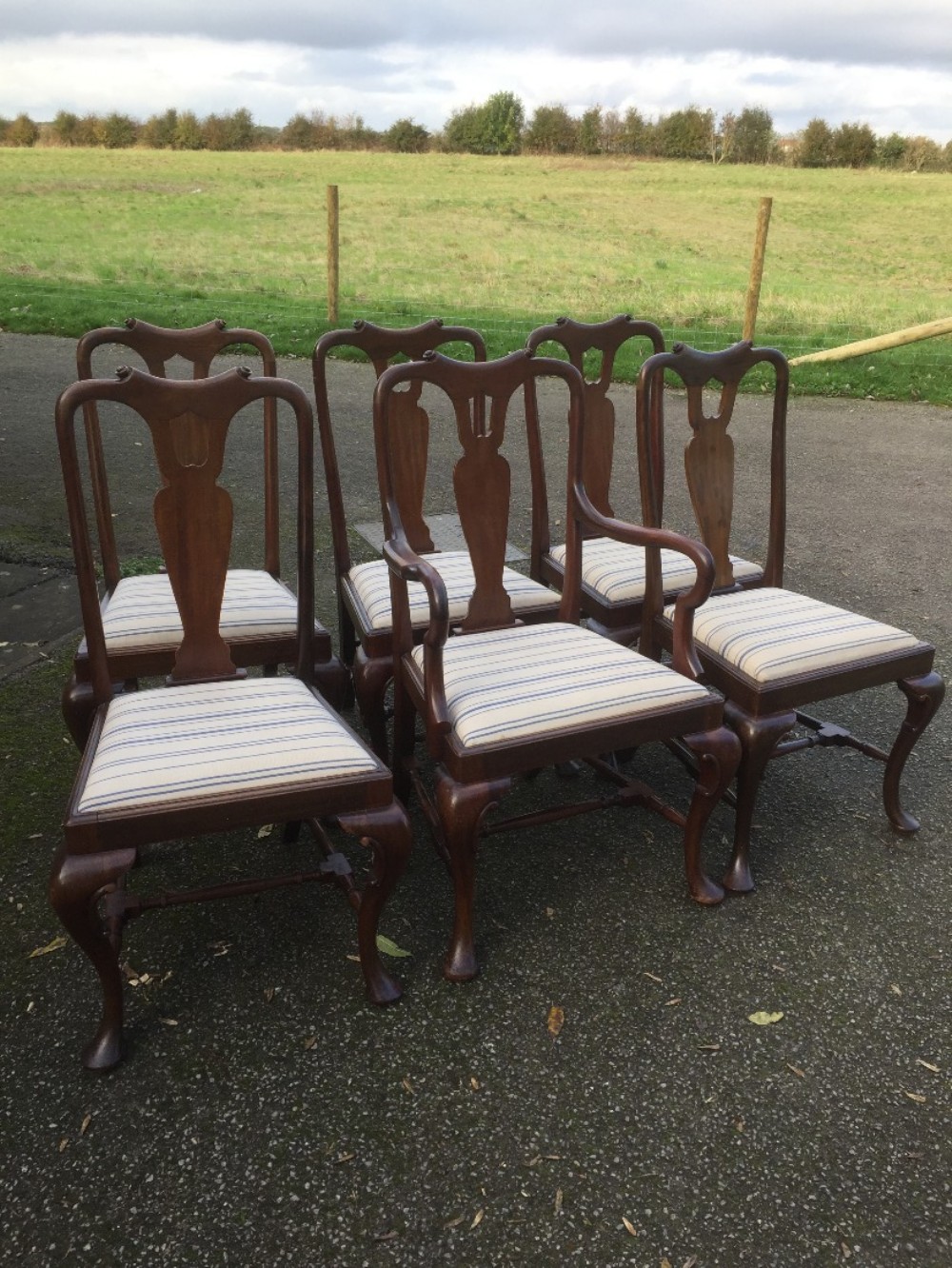 Set of six Edwardian solid mahogany Queen Anne style dining chairs