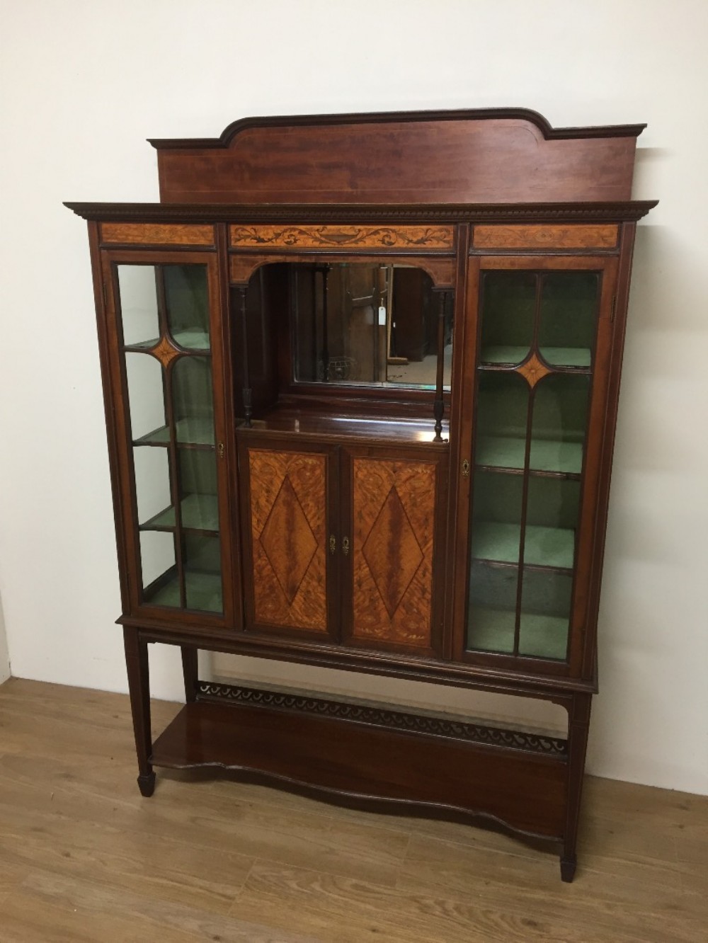 Edwardian mahogany display cabinet -satinwood and marquetry panels 
