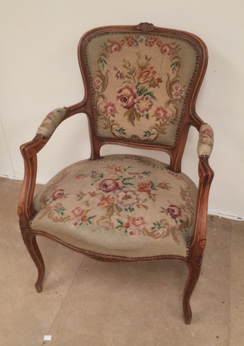 French carved walnut Louis Quinze style open armchair circa 1920