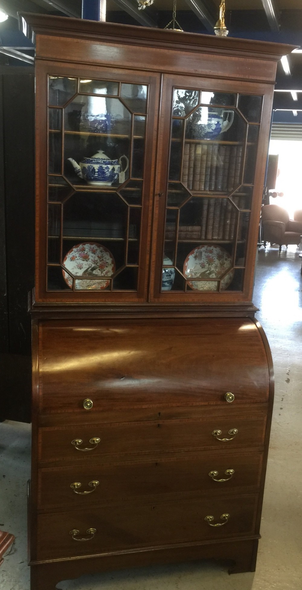 Late nineteenth century inlaid mahogany cylinder bureau bookcase  