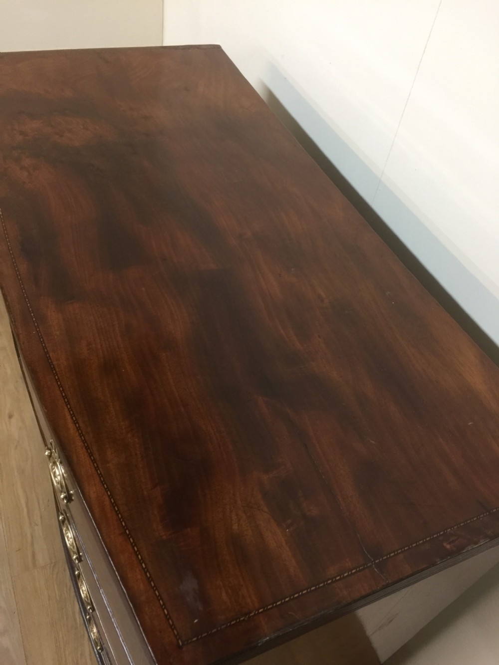 Late Georgian flame mahogany bow front chest of drawers  View V