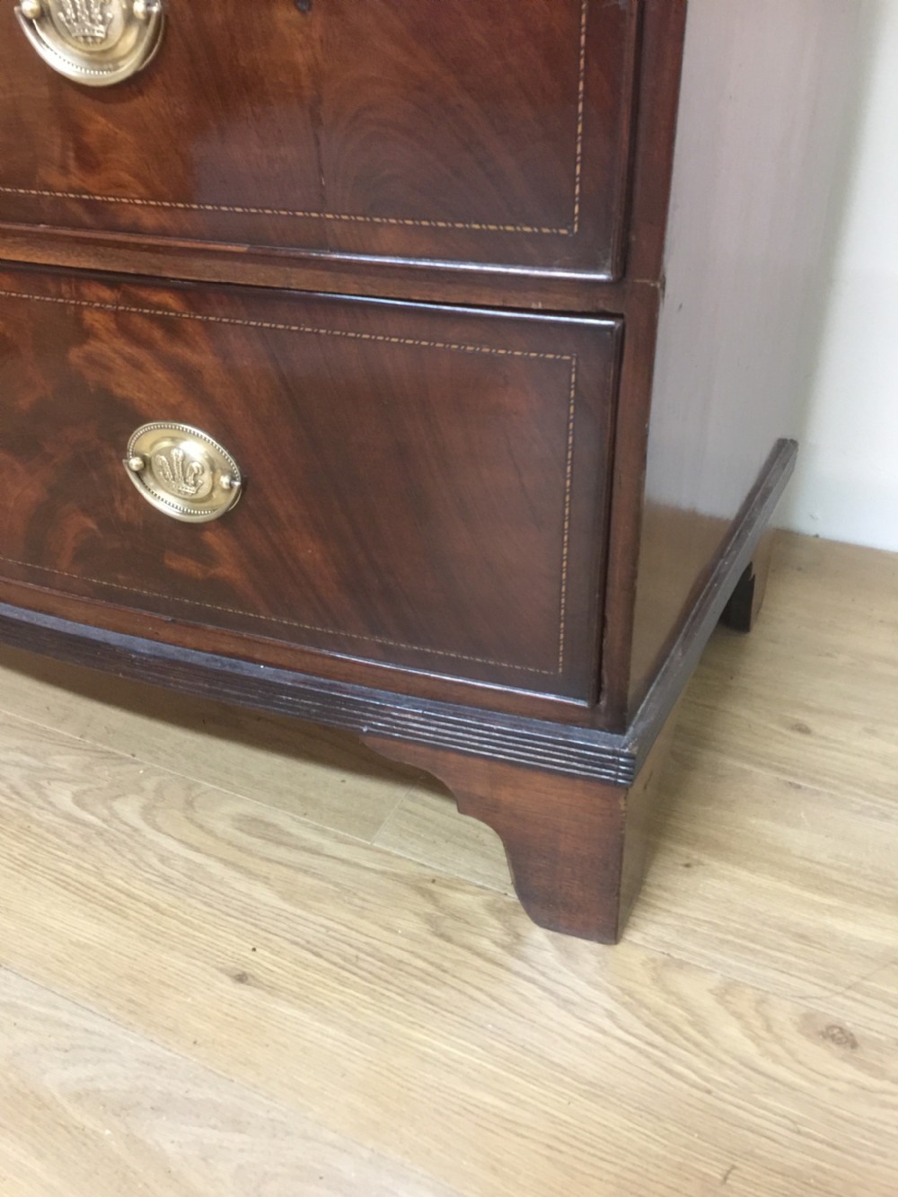 Late Georgian flame mahogany bow front chest of drawers  View X