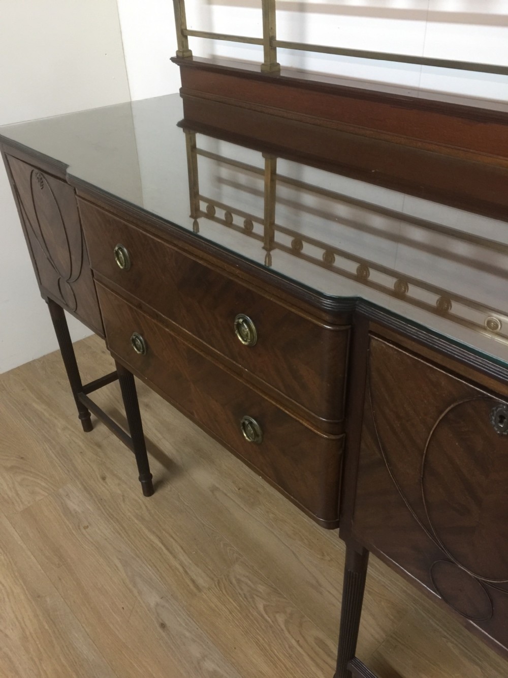 Edwardian mahogany Hepplewhite style Sideboard with brass gallery  View III