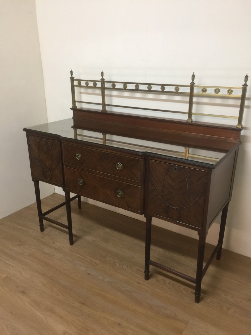 Edwardian mahogany Hepplewhite style Sideboard with brass gallery  View V