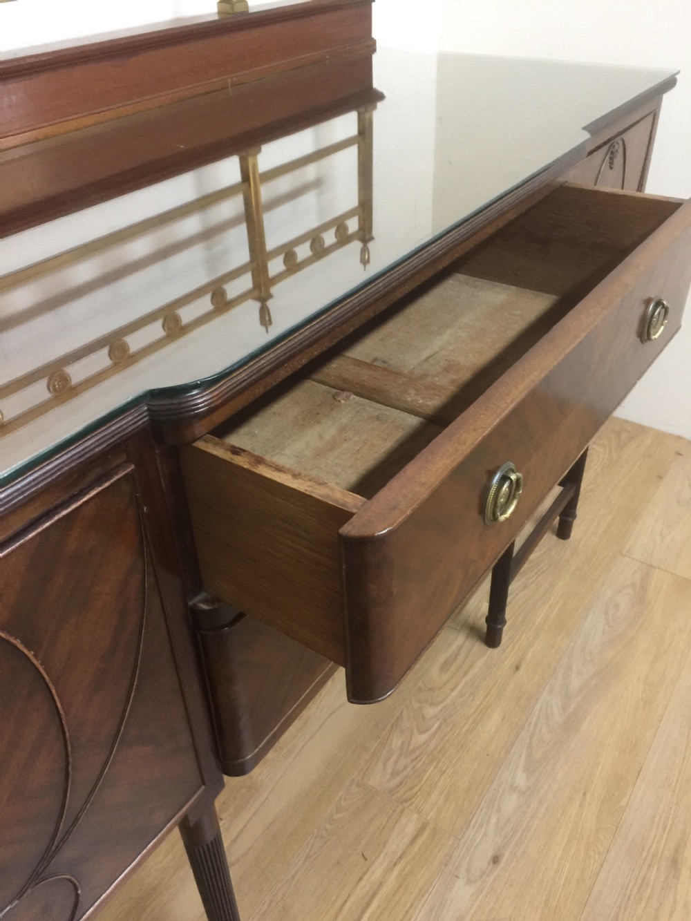 Edwardian mahogany Hepplewhite style Sideboard with brass gallery  View IX