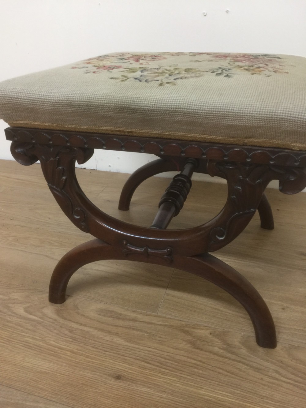 Good quality Victorian carved mahogany x framed stool View II