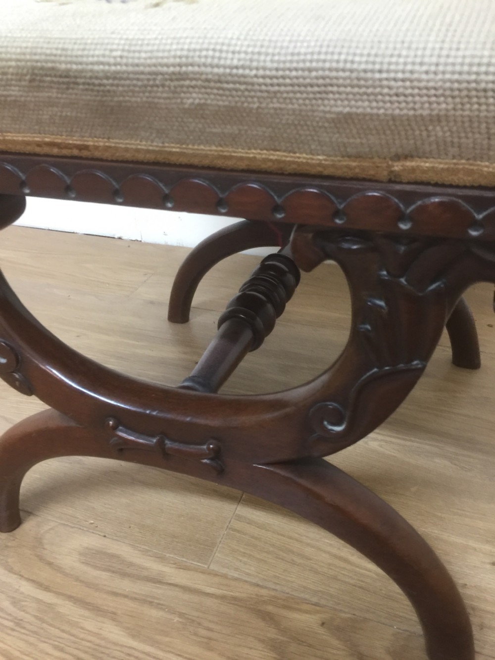 Good quality Victorian carved mahogany x framed stool View III