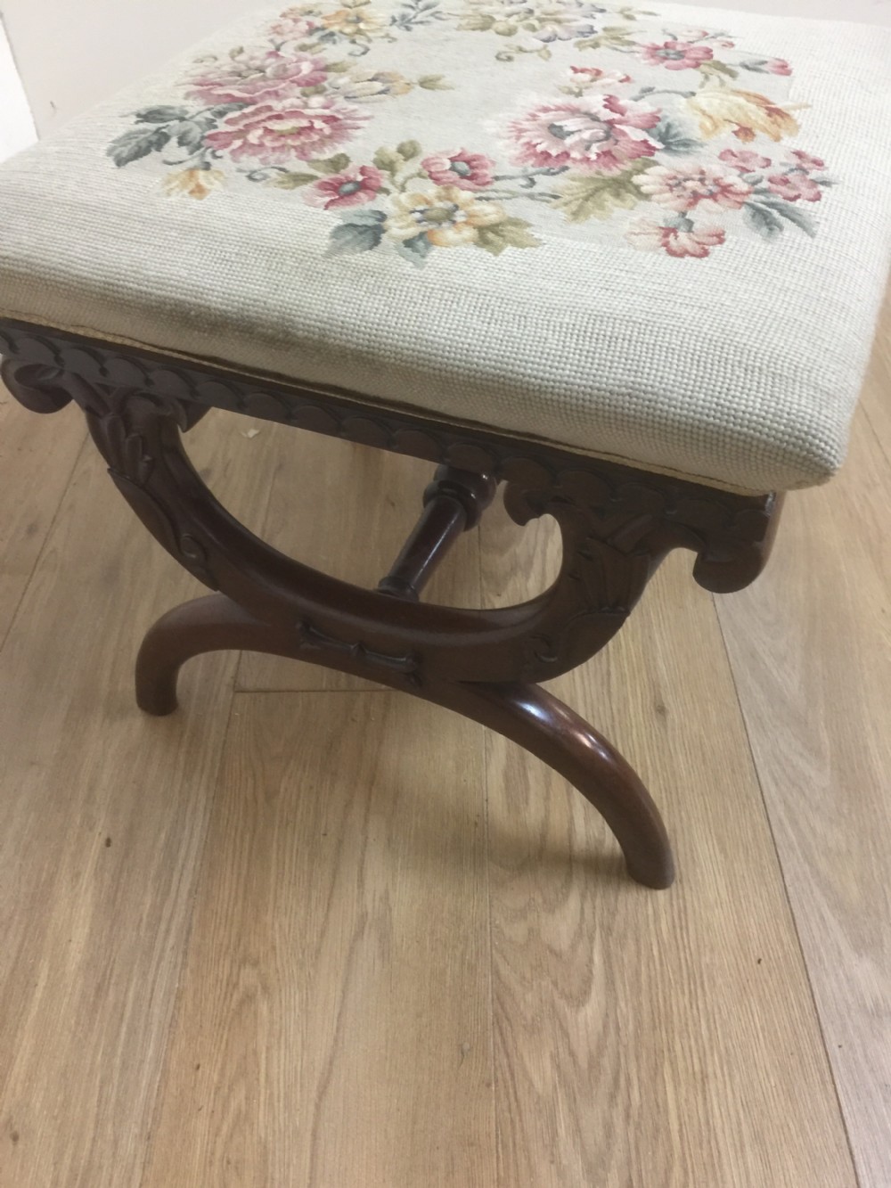 Good quality Victorian carved mahogany x framed stool View VII